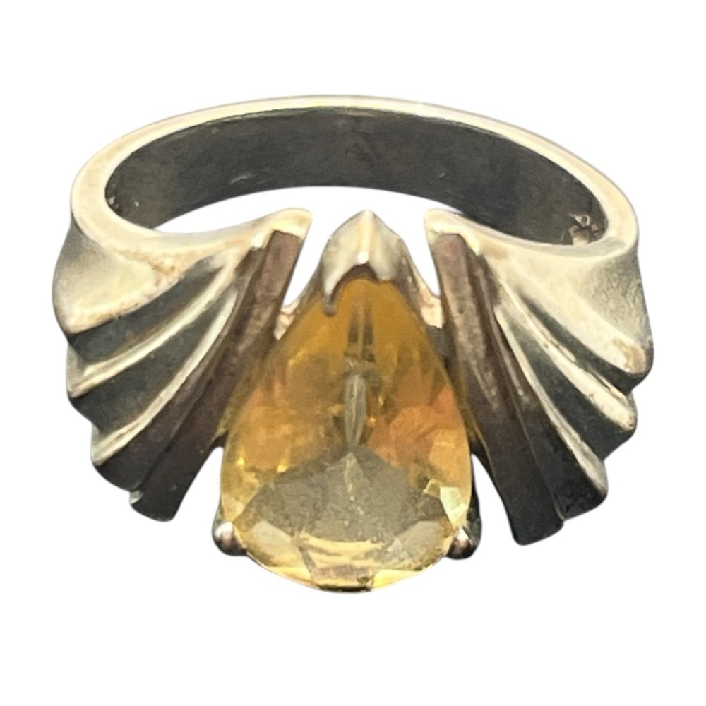 Sterling silver yellow teardrop stone ring fluted ribbed setting vintage 5.75